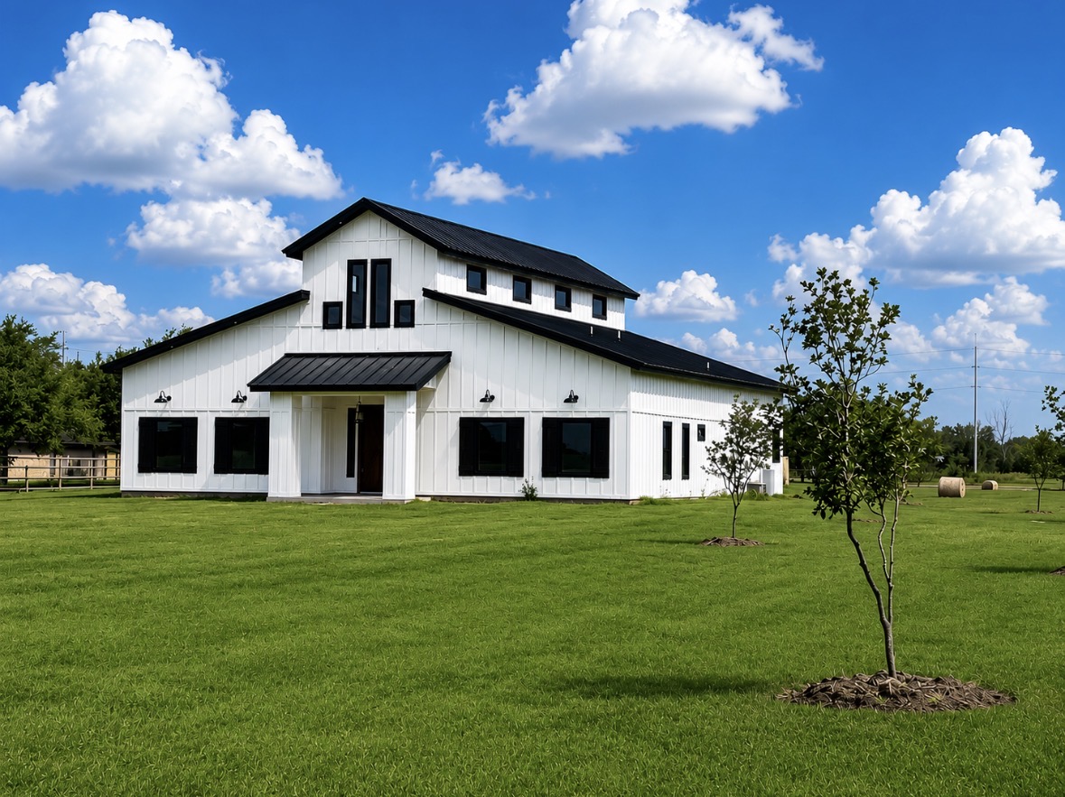 White modern farmhouse on open acreage — Blue Rock & Co. land development build